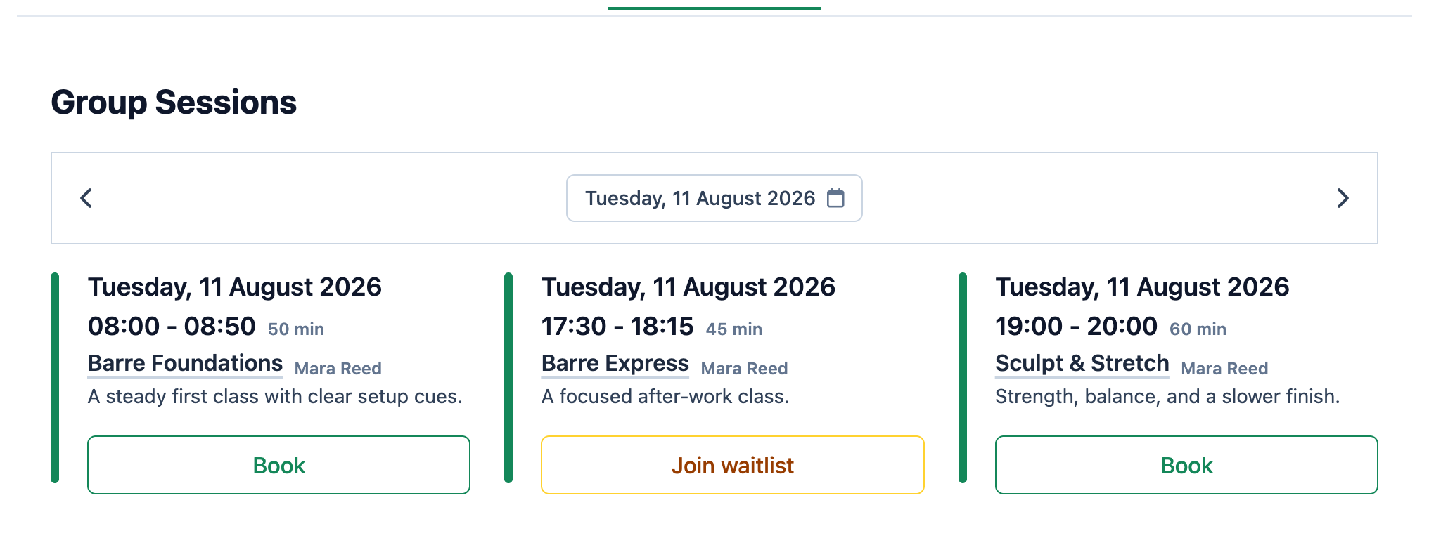 The Aster Barre booking page with three classes and a waitlist action on the full Barre Express class