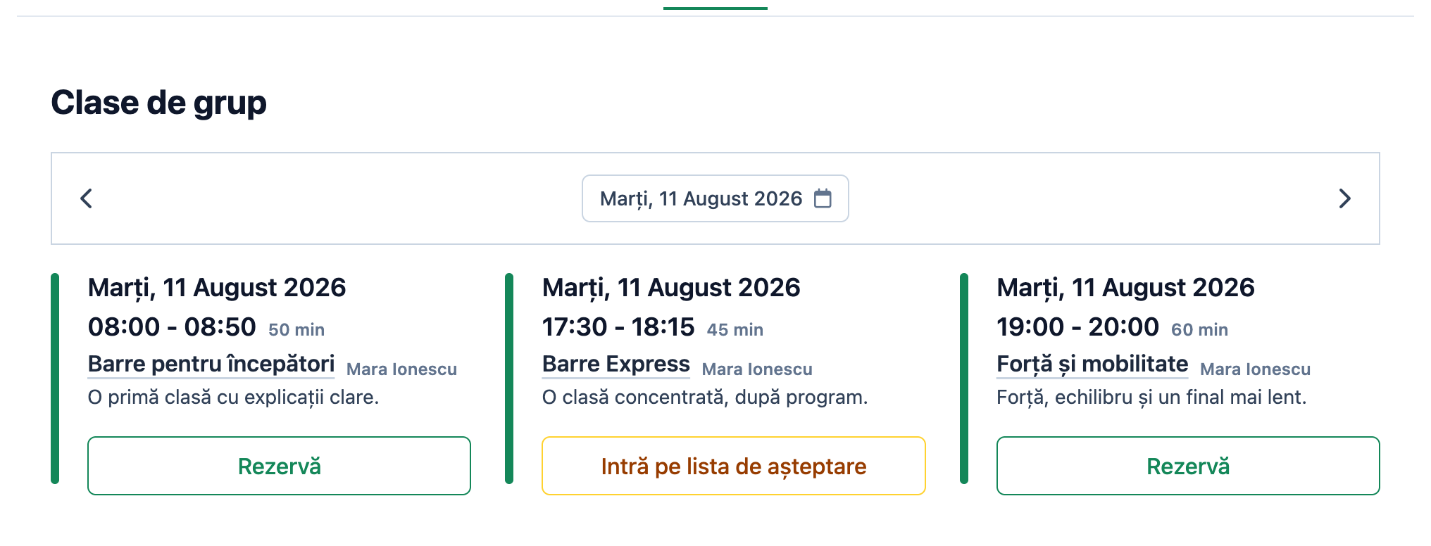 Pagina de rezervări Aster Barre cu trei clase și opțiunea de listă de așteptare pentru clasa Barre Express completă