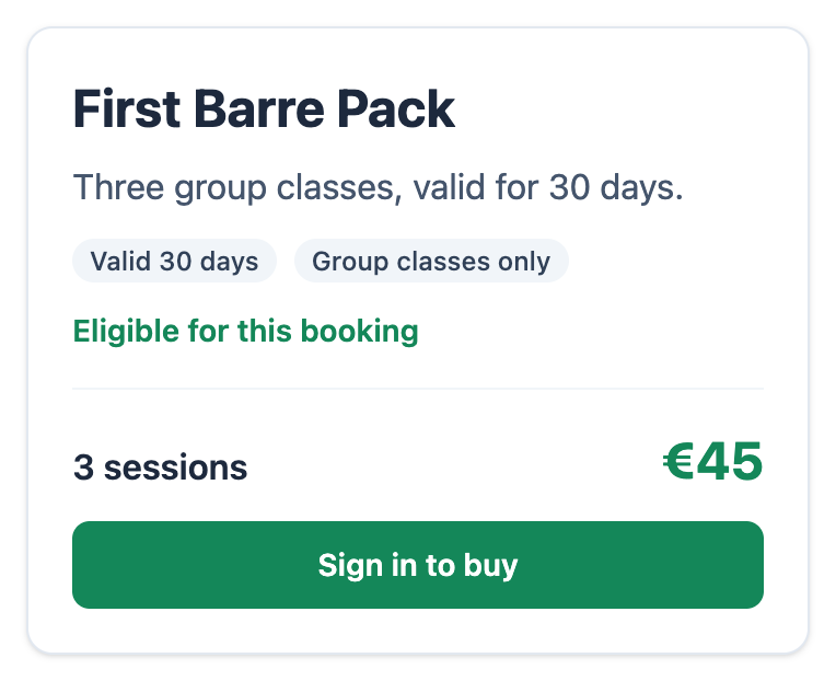The First Barre Pack on the Mojo booking page, marked eligible for the selected class with a one-time purchase action