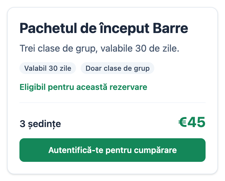 Pachetul de început Barre în pagina Mojo, eligibil pentru clasa selectată și disponibil pentru cumpărare