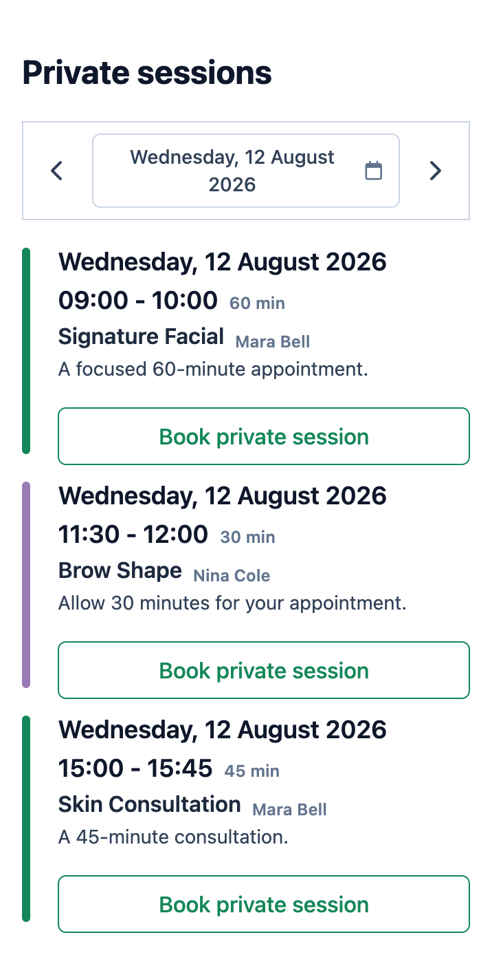 The Atelier Mara mobile booking page with three individual appointment times