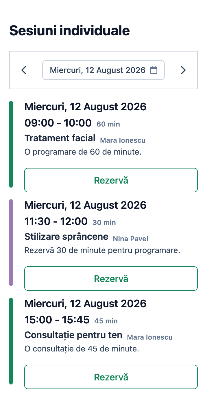 Pagina mobilă Atelier Mara cu trei intervale disponibile pentru programări individuale