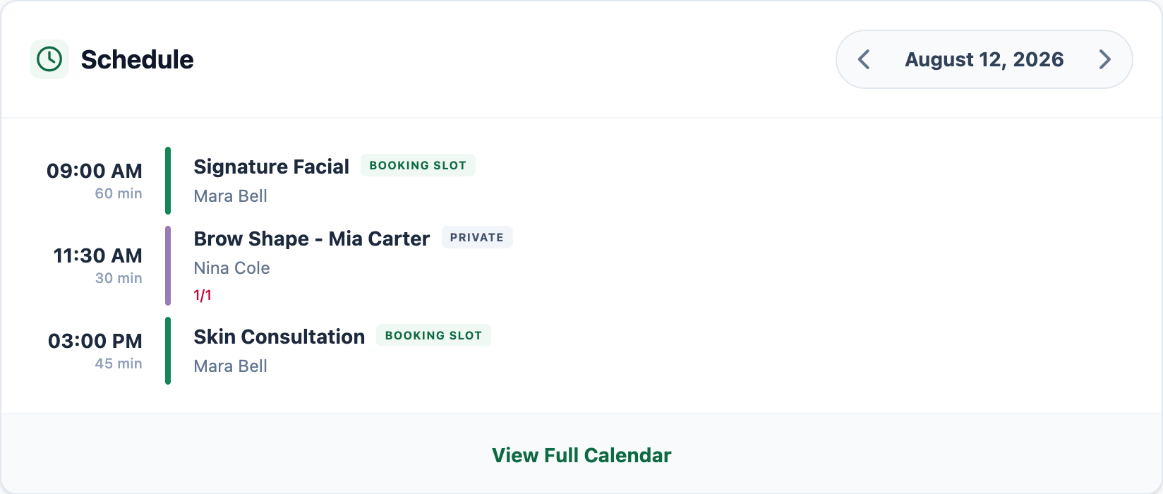 The Mojo owner schedule showing two open booking slots and one booked private appointment