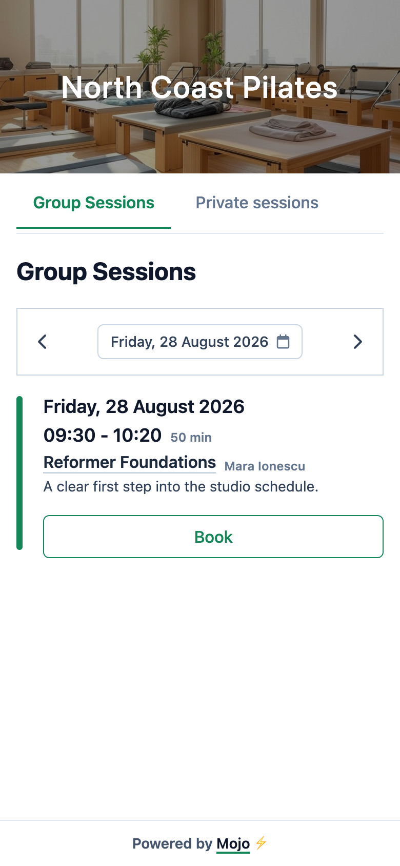 The North Coast Pilates mobile booking page a client reaches from a shared studio link