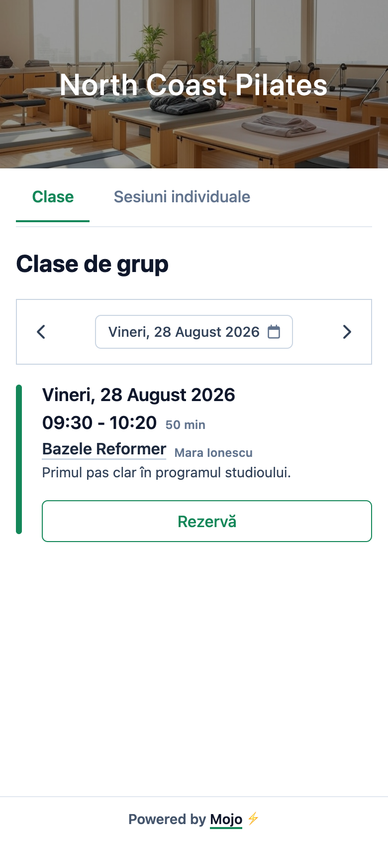 Pagina mobilă de rezervări North Coast Pilates la care ajunge clientul din linkul distribuit de studio