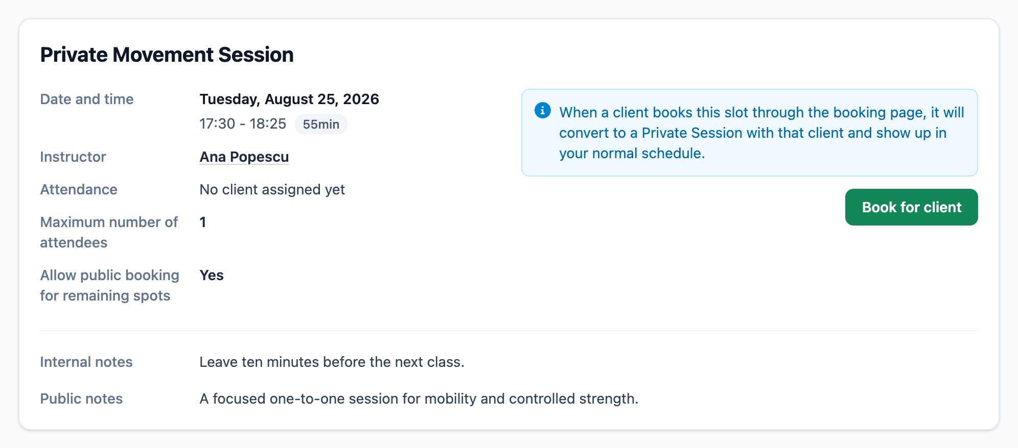 A Mojo booking slot with instructor, date, duration, public availability, capacity, and notes