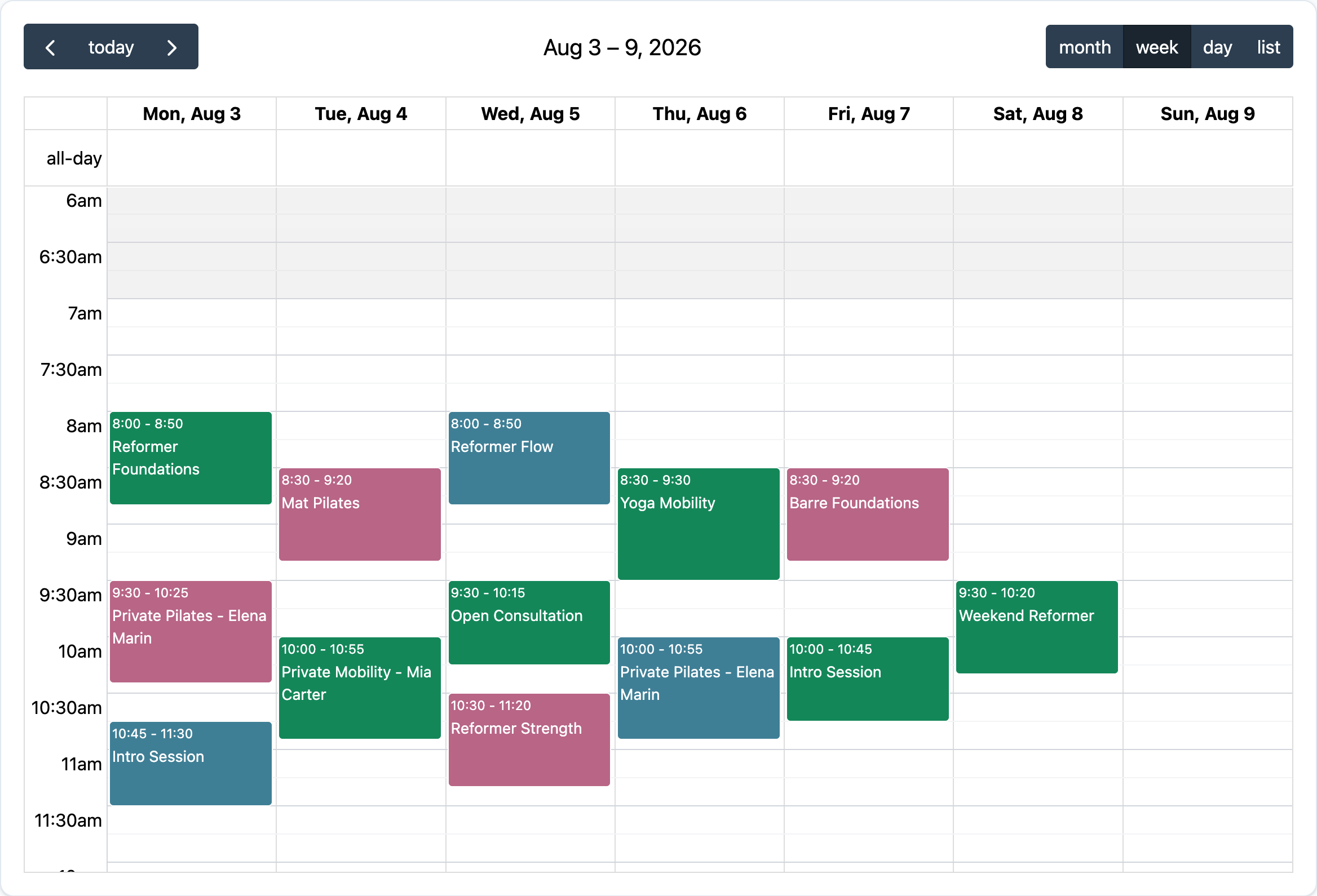 A weekly Mojo studio calendar with group classes, private sessions, booking slots, and color-coded instructors