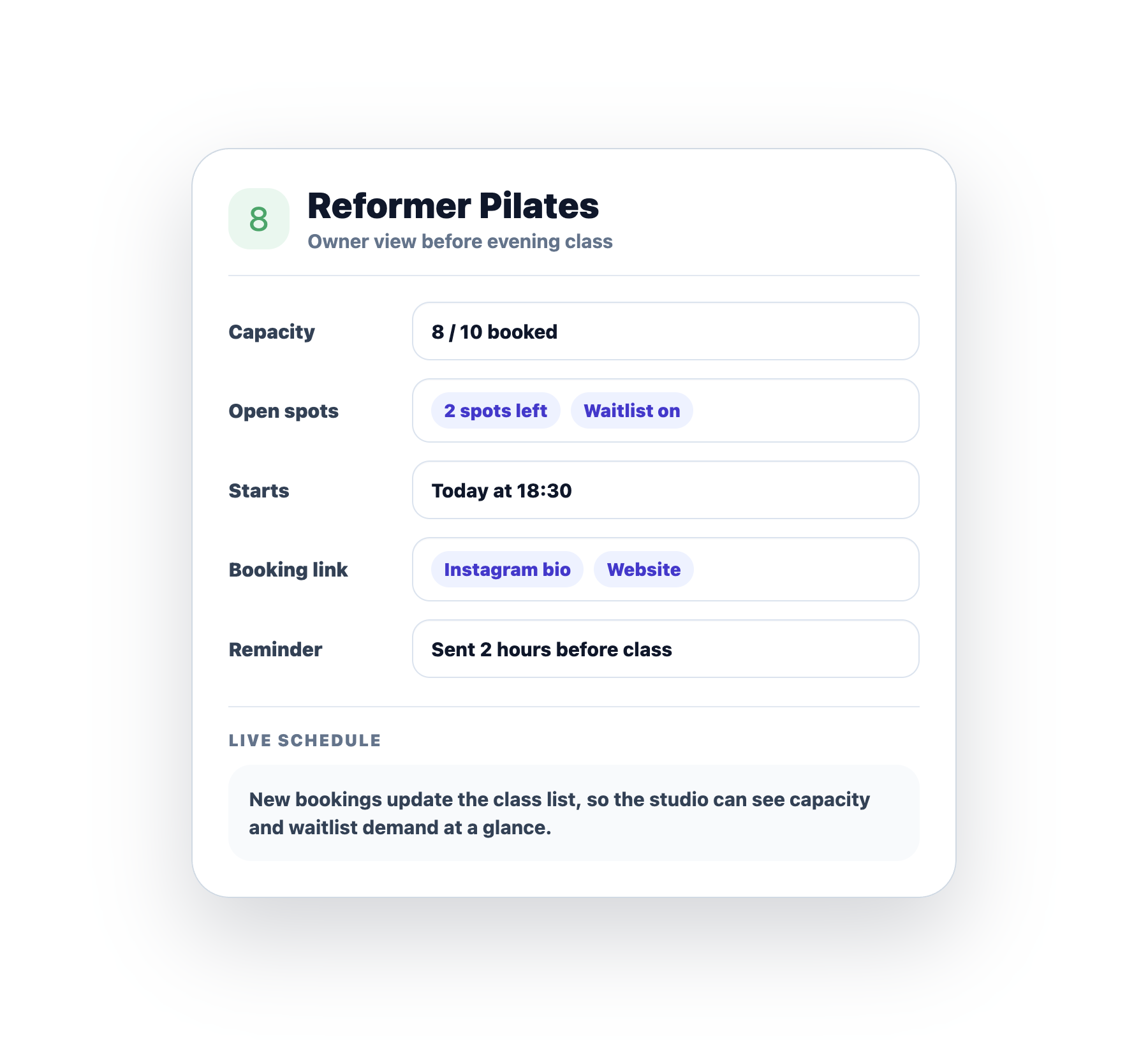 Card Mojo pentru owner cu capacitatea clasei Pilates, locuri libere, link de booking si reminder