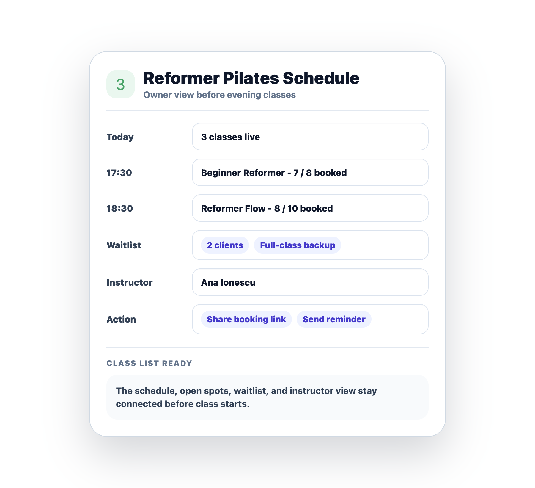 Card Mojo pentru programarea claselor Pilates cu ore, capacitate, lista de asteptare si instructor