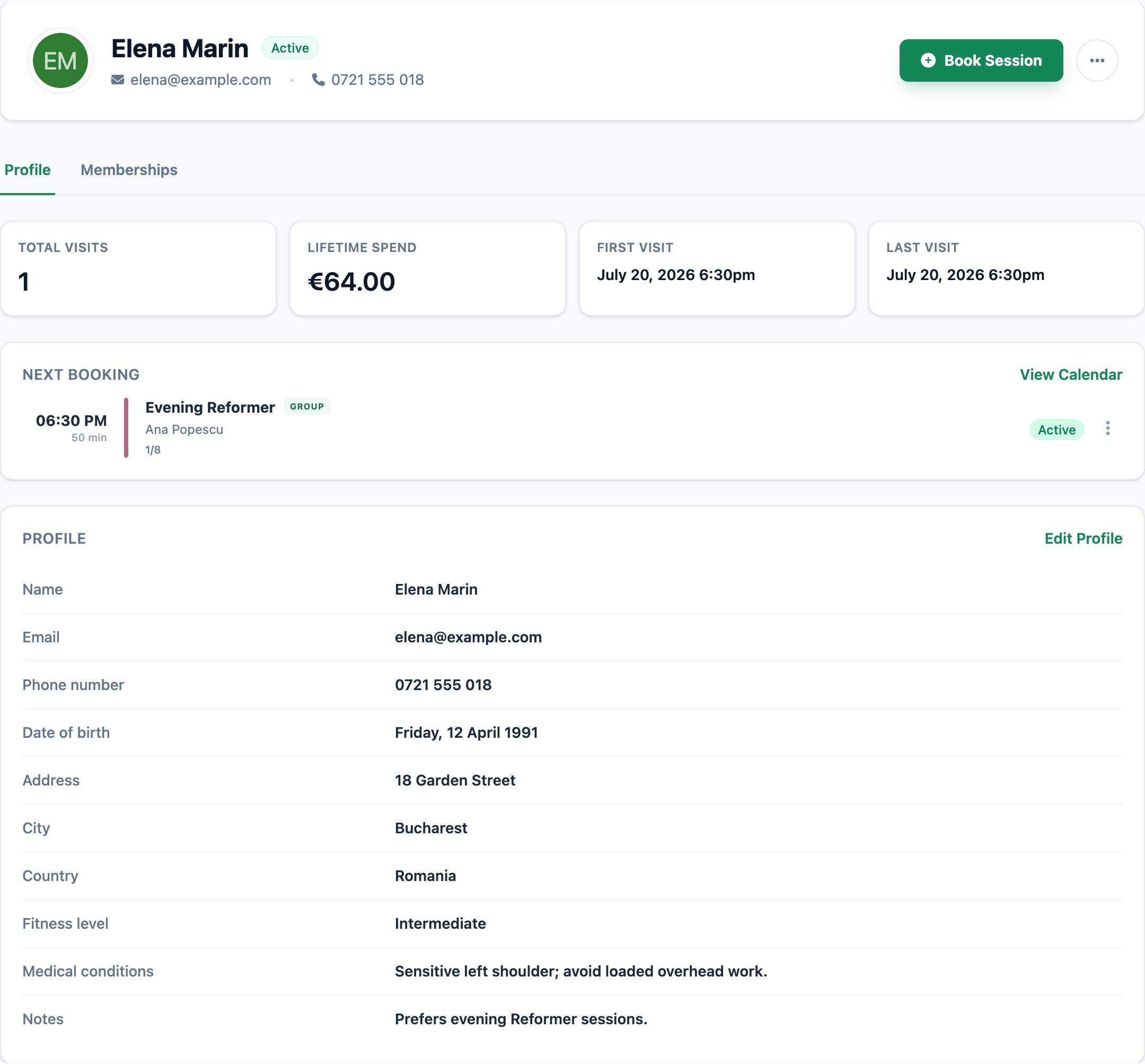A Mojo client record with contact details, visit and spend context, next booking, fitness information, and notes