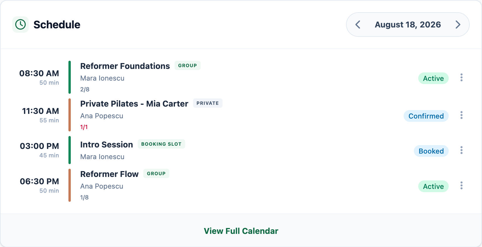 A Mojo owner schedule with group classes, a private session, instructors, booking status, and capacity