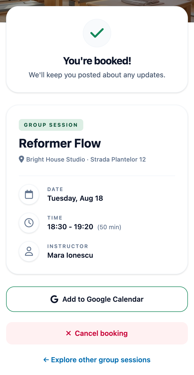 A confirmed Reformer booking with an Add to Google Calendar action
