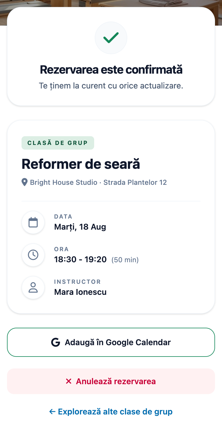 O rezervare Reformer confirmată, cu acțiunea Adaugă în Google Calendar