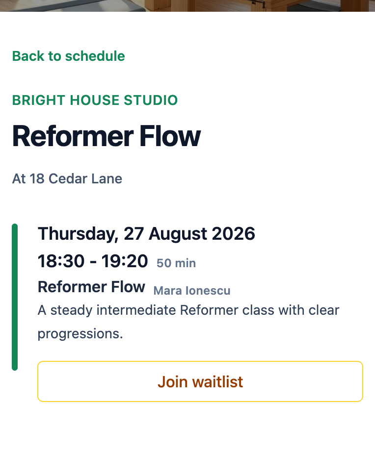 A full Reformer class on Mojo's mobile booking page with a Join waitlist action