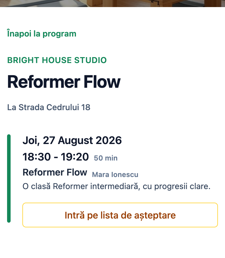 O clasă Reformer completă pe pagina mobilă Mojo, cu acțiunea Intră pe lista de așteptare