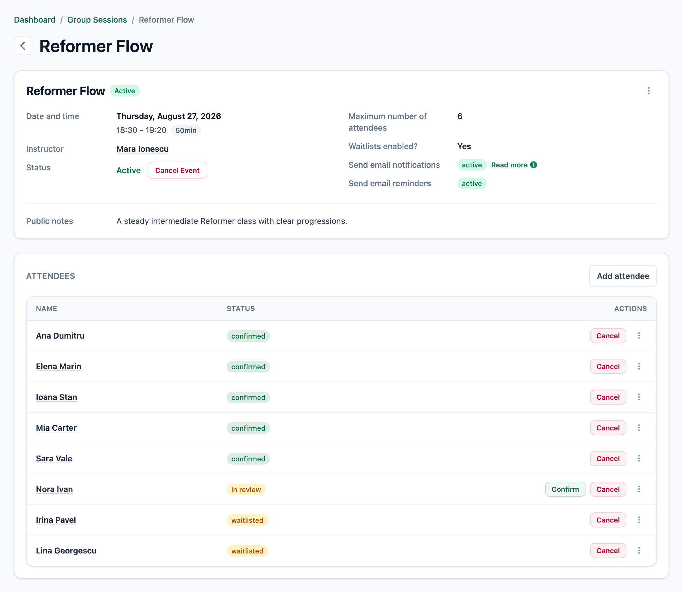 A Mojo class roster showing capacity, confirmed bookings, an in-review booking, and two waitlisted clients