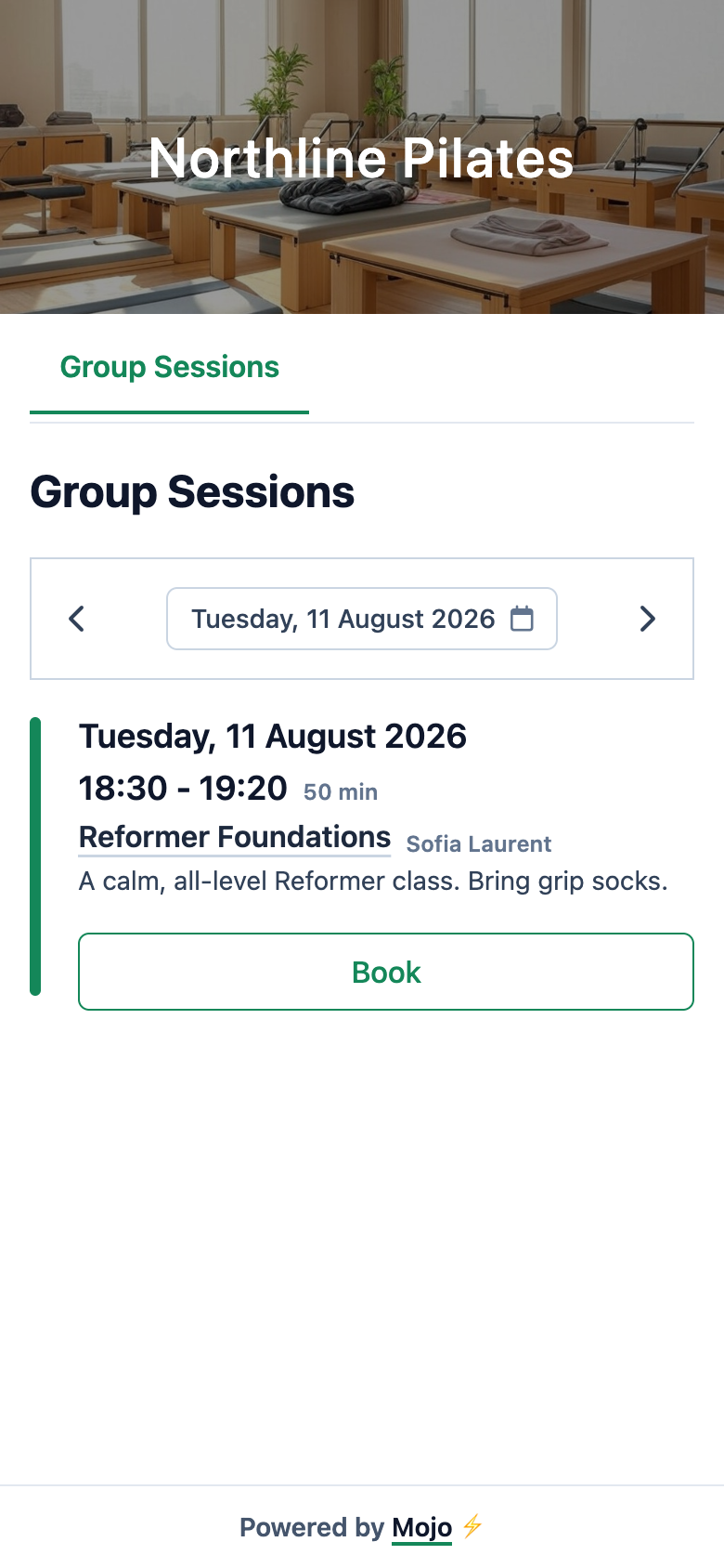 A client chooses a Reformer class from the Mojo mobile booking page