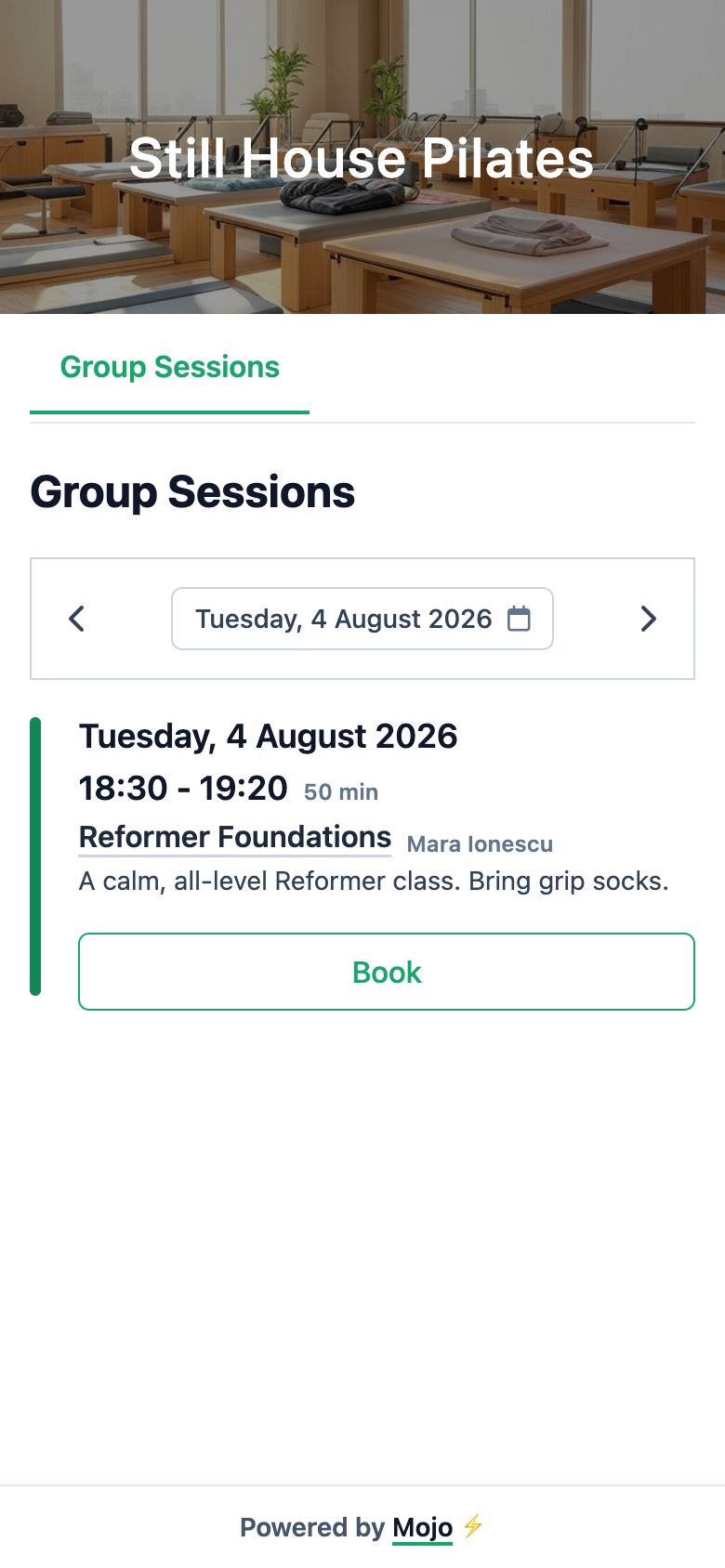 A client chooses a Reformer class from the Mojo mobile booking page