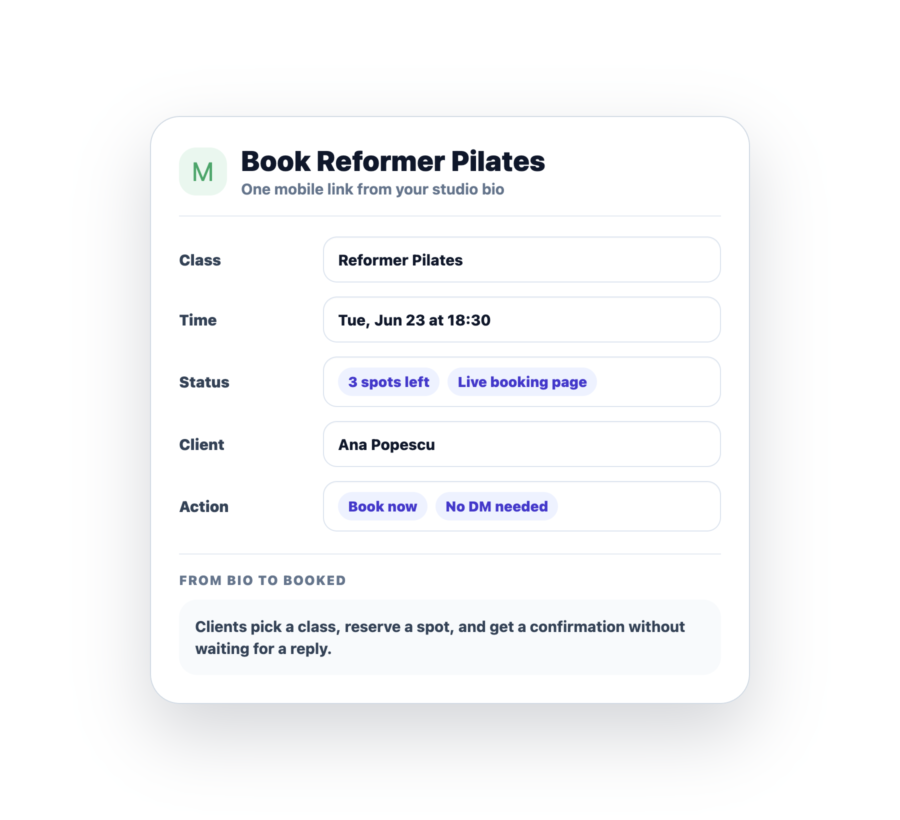 Mojo Instagram bio booking card for Pilates class reservations