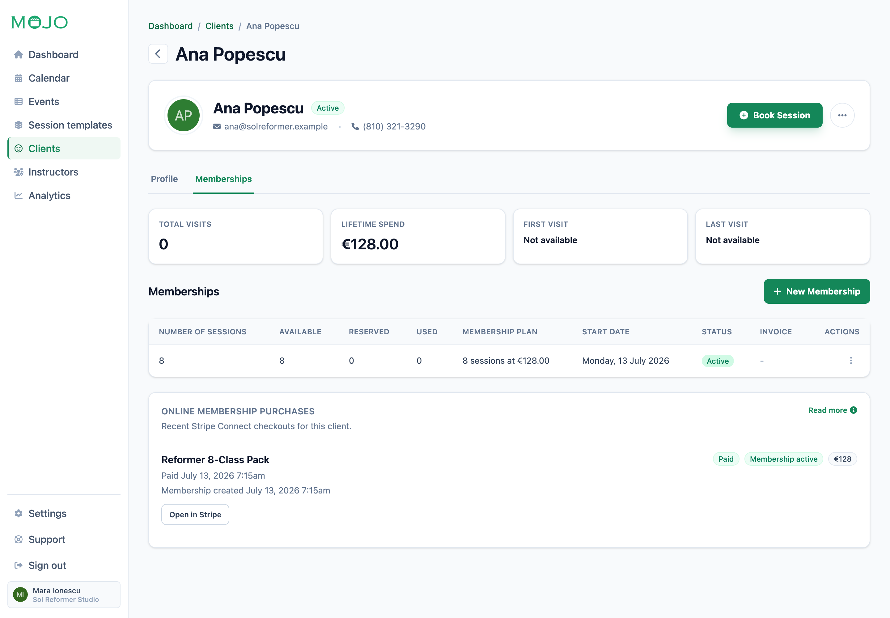 A client membership record with available, reserved, and used units plus a successful online purchase