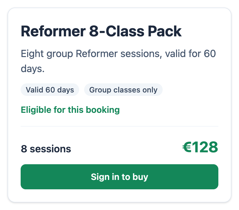 An eligible eight-session Reformer class pack on the Mojo mobile booking page