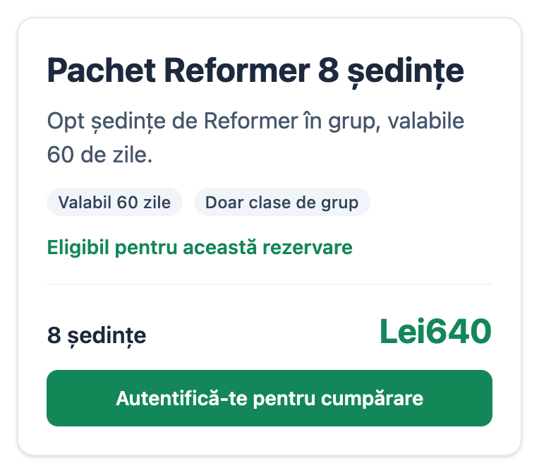 Un pachet eligibil de opt ședințe Reformer în pagina mobilă de rezervări Mojo