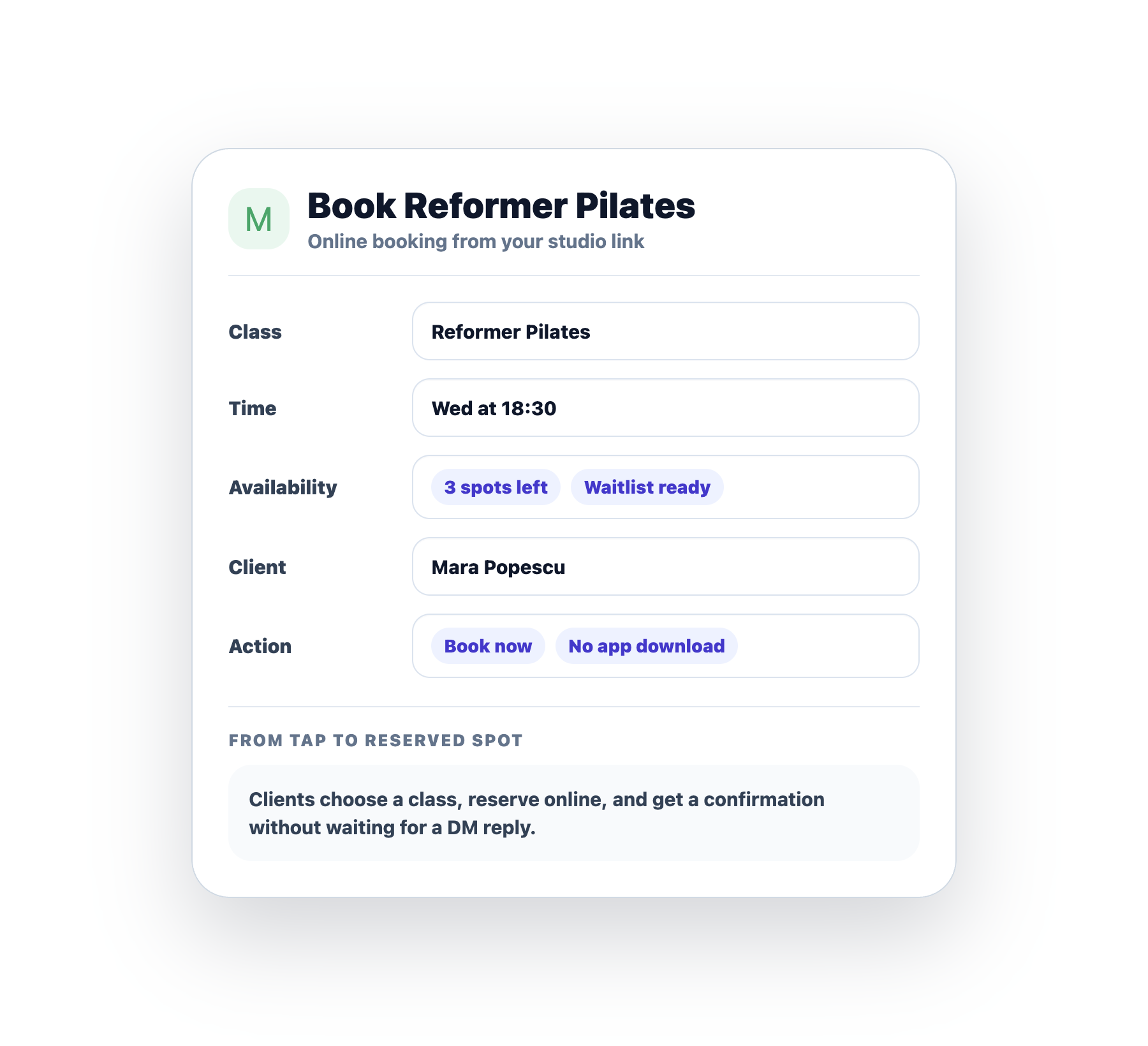 Mojo online Pilates booking card with class availability and no app download