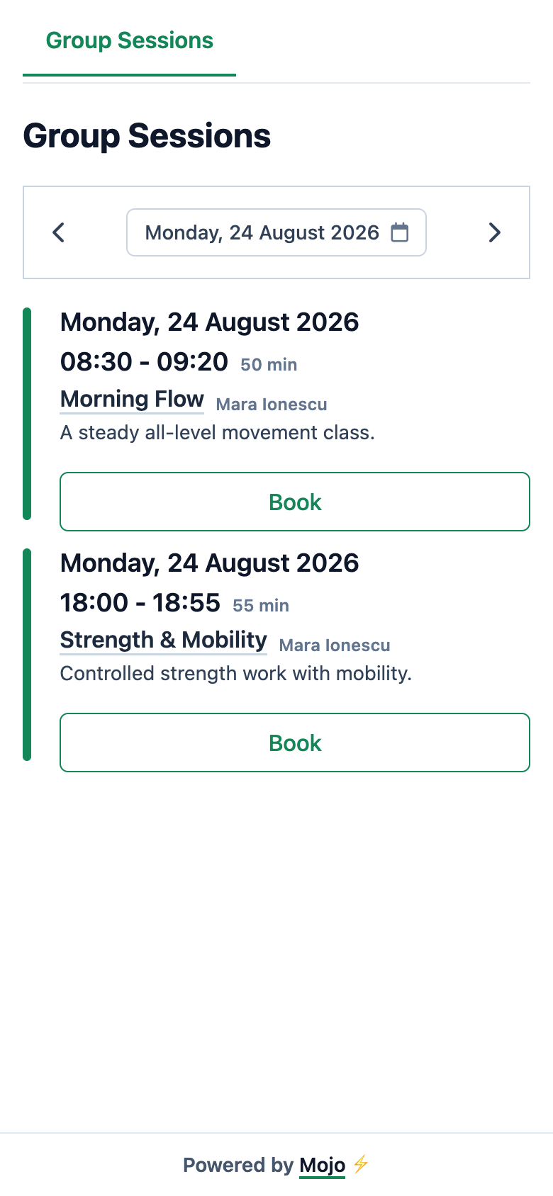 The mobile Mojo booking page with two bookable studio classes
