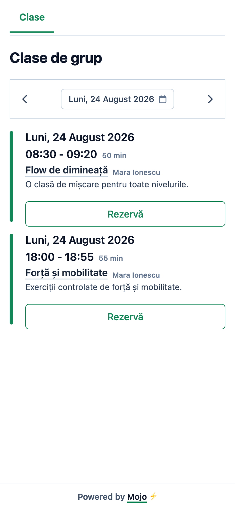 Pagina mobilă Mojo cu două clase disponibile pentru rezervare