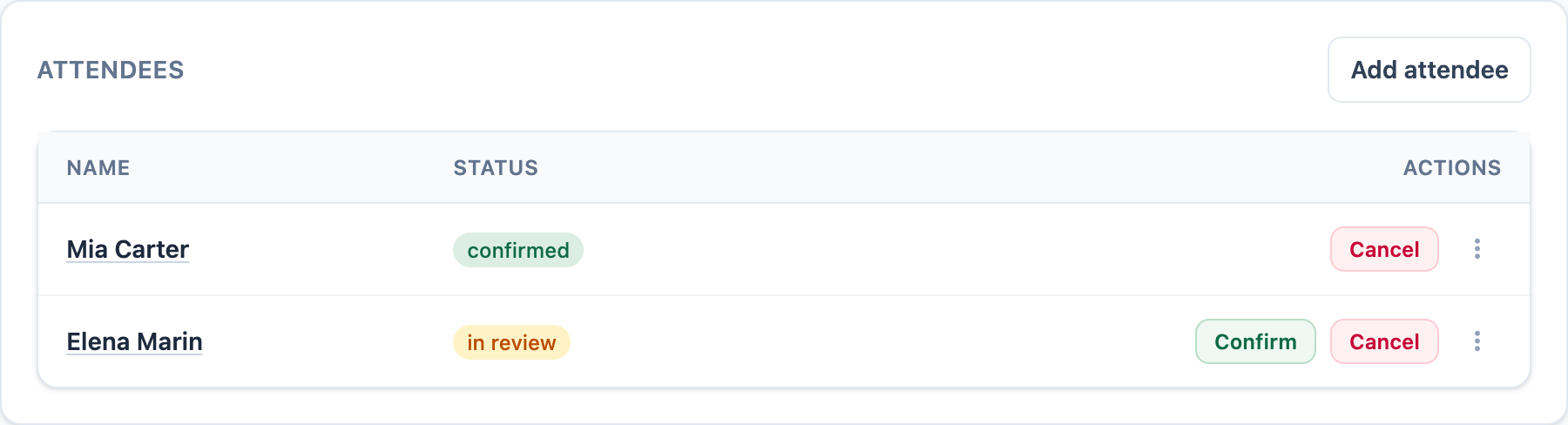 The matching owner attendance list with one confirmed booking and one first booking in review