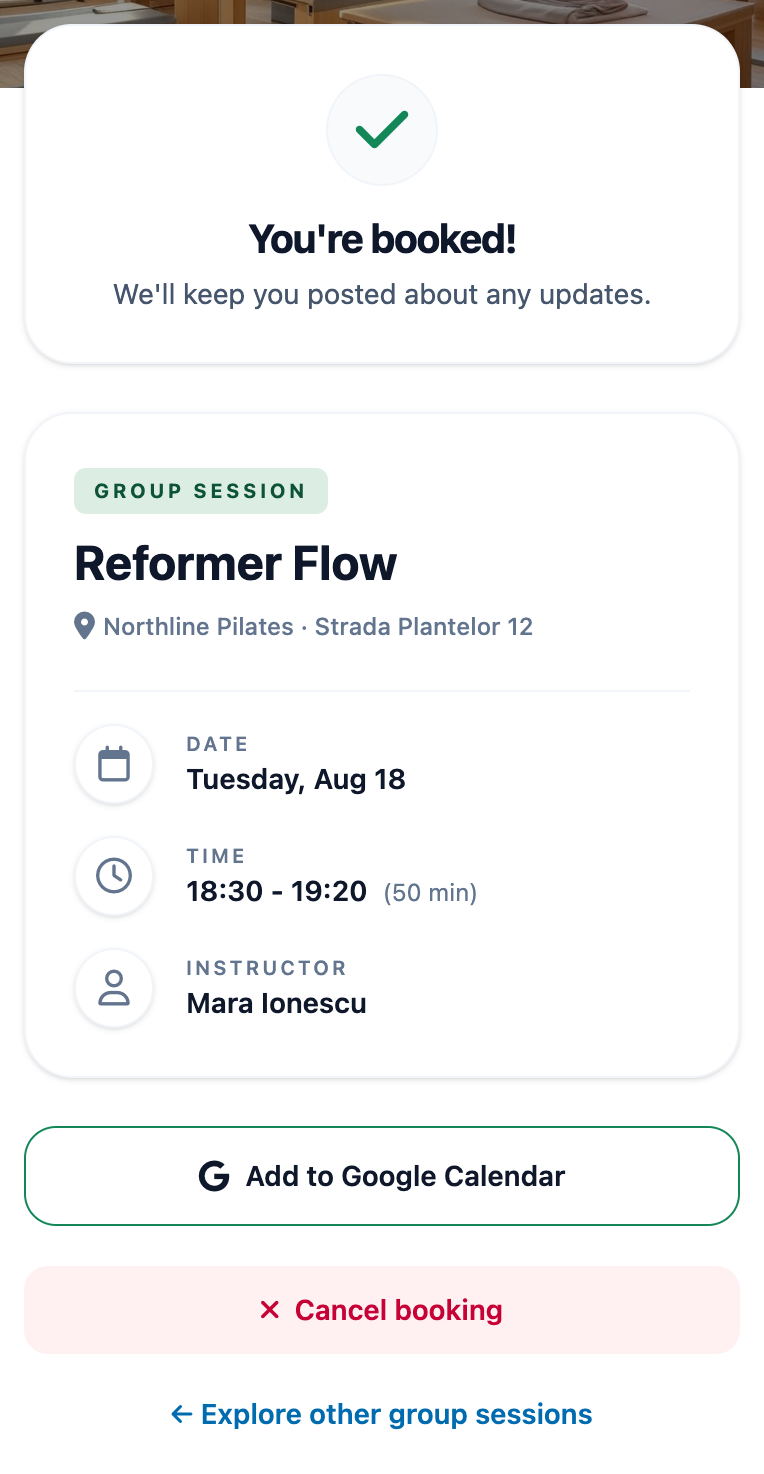 A confirmed Reformer Flow reservation on the Northline Pilates mobile booking page