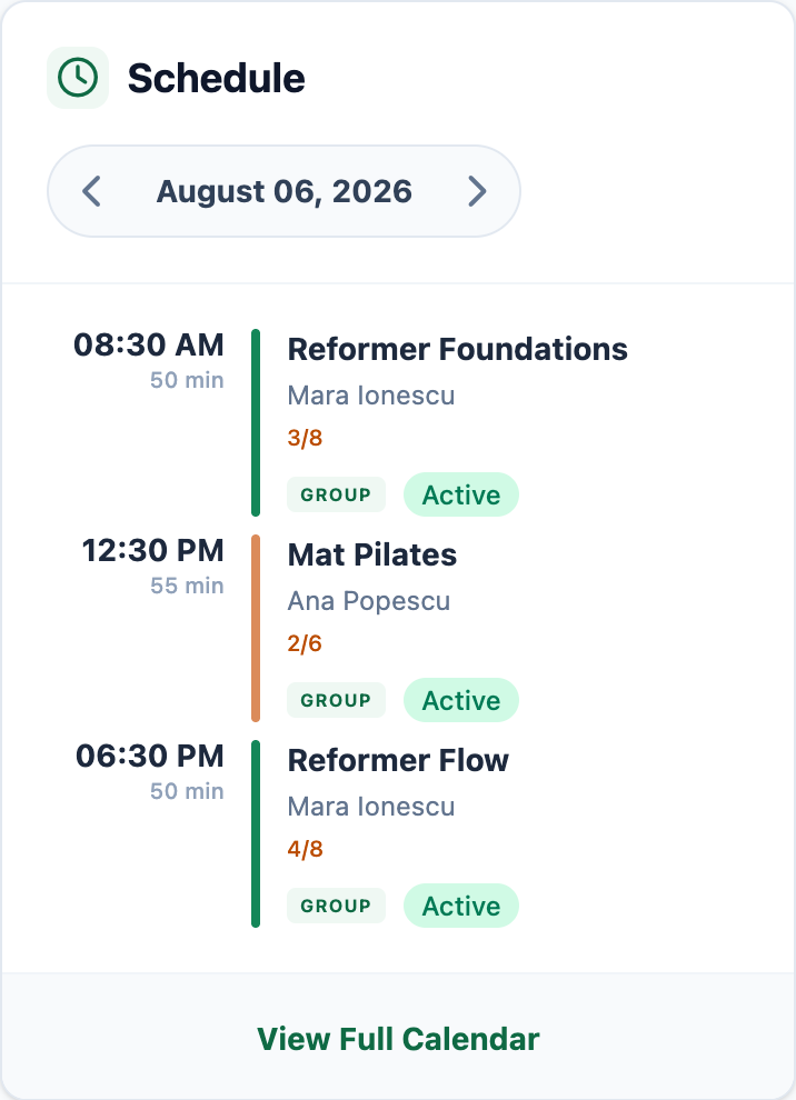 The Mojo mobile owner schedule with three Pilates classes, instructors, and booked places