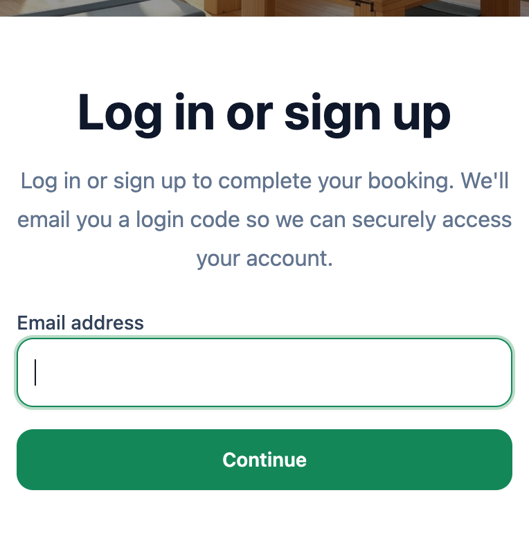 The Mojo client email screen used to log in or sign up before completing a Pilates booking