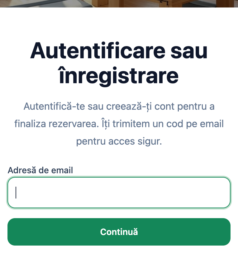 Ecranul Mojo în care clienta se autentifică sau se înregistrează prin email înainte de rezervarea clasei Pilates