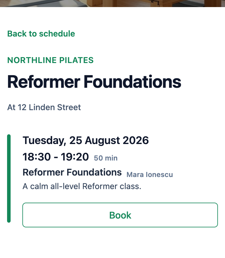 The Northline Pilates class detail for Reformer Foundations with date, time, instructor, description, and Book action