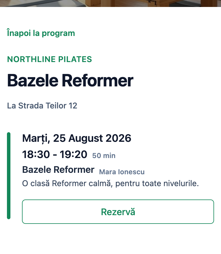 Detaliile clasei Bazele Reformer la Northline Pilates, cu data, ora, instructorul, descrierea și acțiunea de rezervare