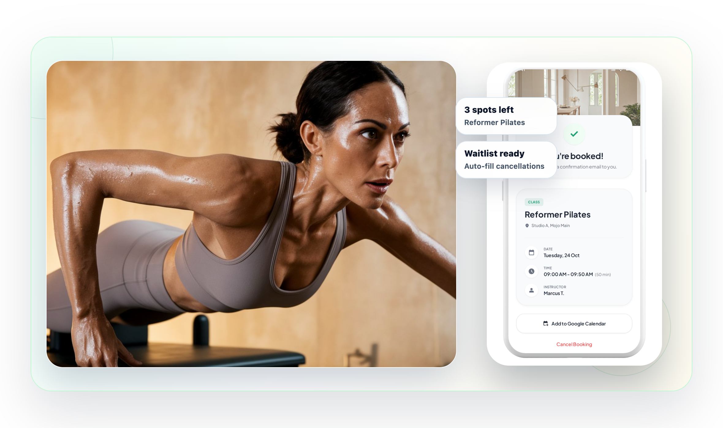 Mojo Pilates booking app preview with a Pilates instructor, mobile booking confirmation, and waitlist cards