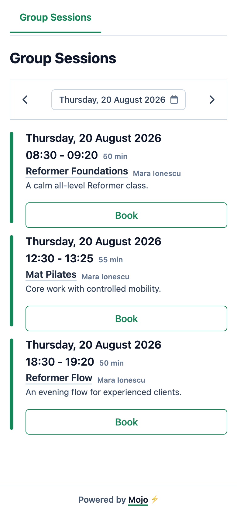 The Northline Pilates mobile booking page with three bookable classes and their live times