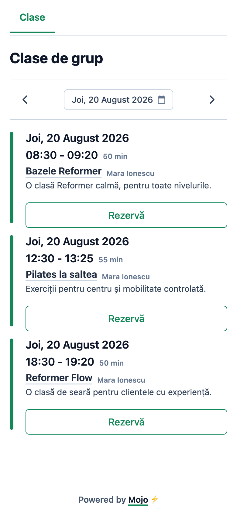 Pagina mobilă Northline Pilates cu trei clase disponibile pentru rezervare și orele lor