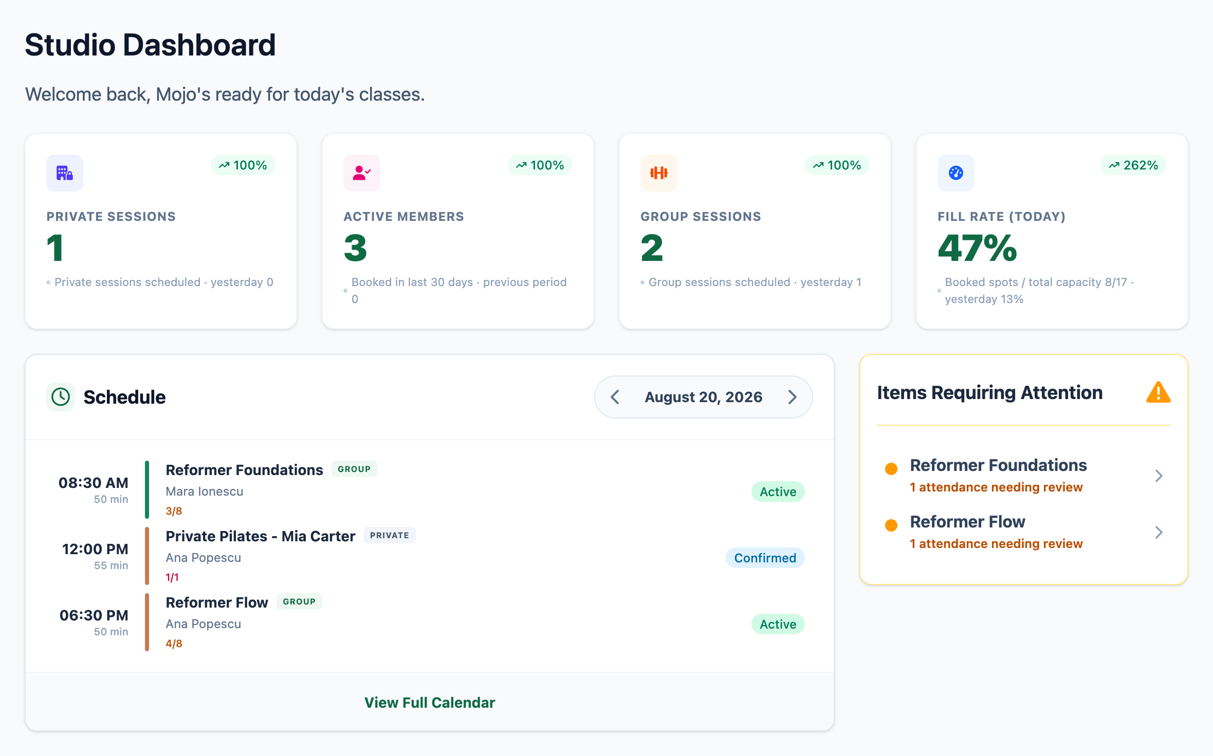 The Mojo studio dashboard with Pilates session counts, active clients, fill rate, today's schedule, and bookings requiring review