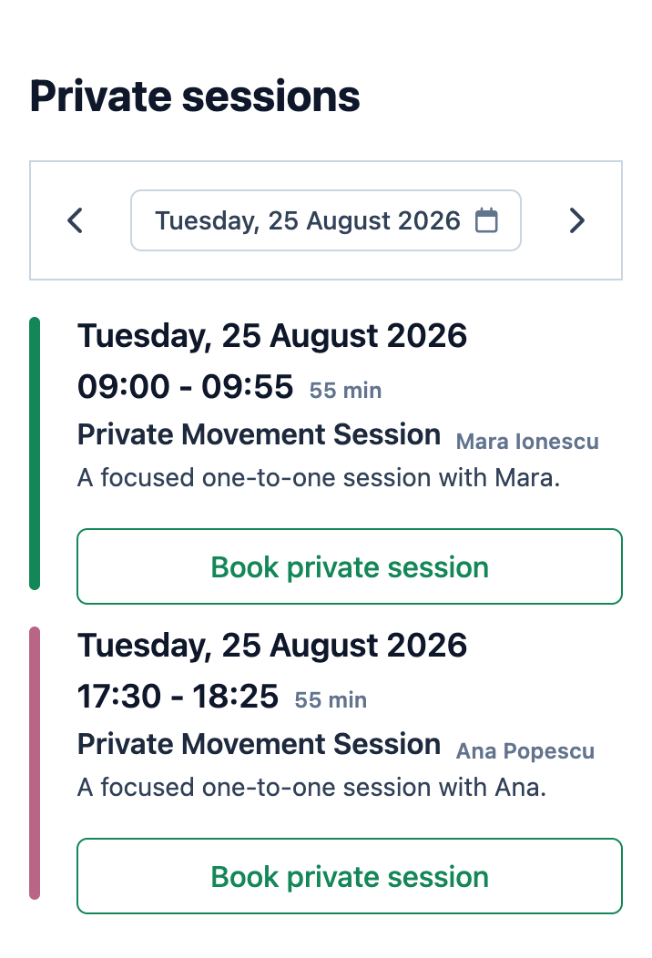 Two available private-session times with different instructors on the Mojo mobile booking page
