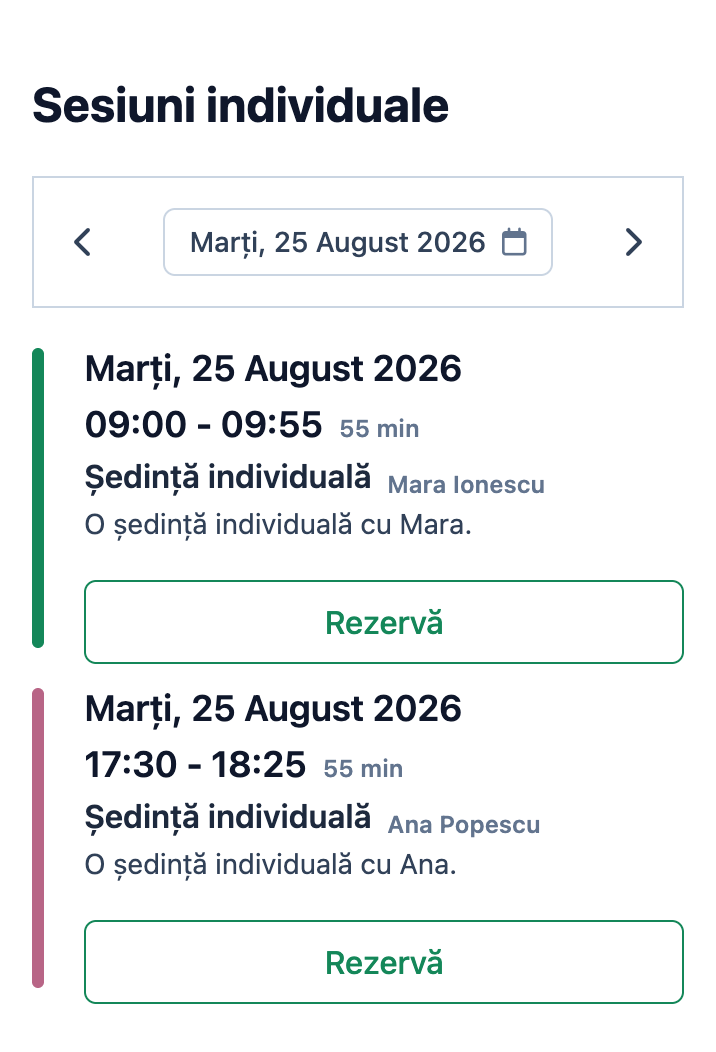 Două intervale disponibile pentru ședințe individuale cu instructori diferiți în pagina mobilă Mojo