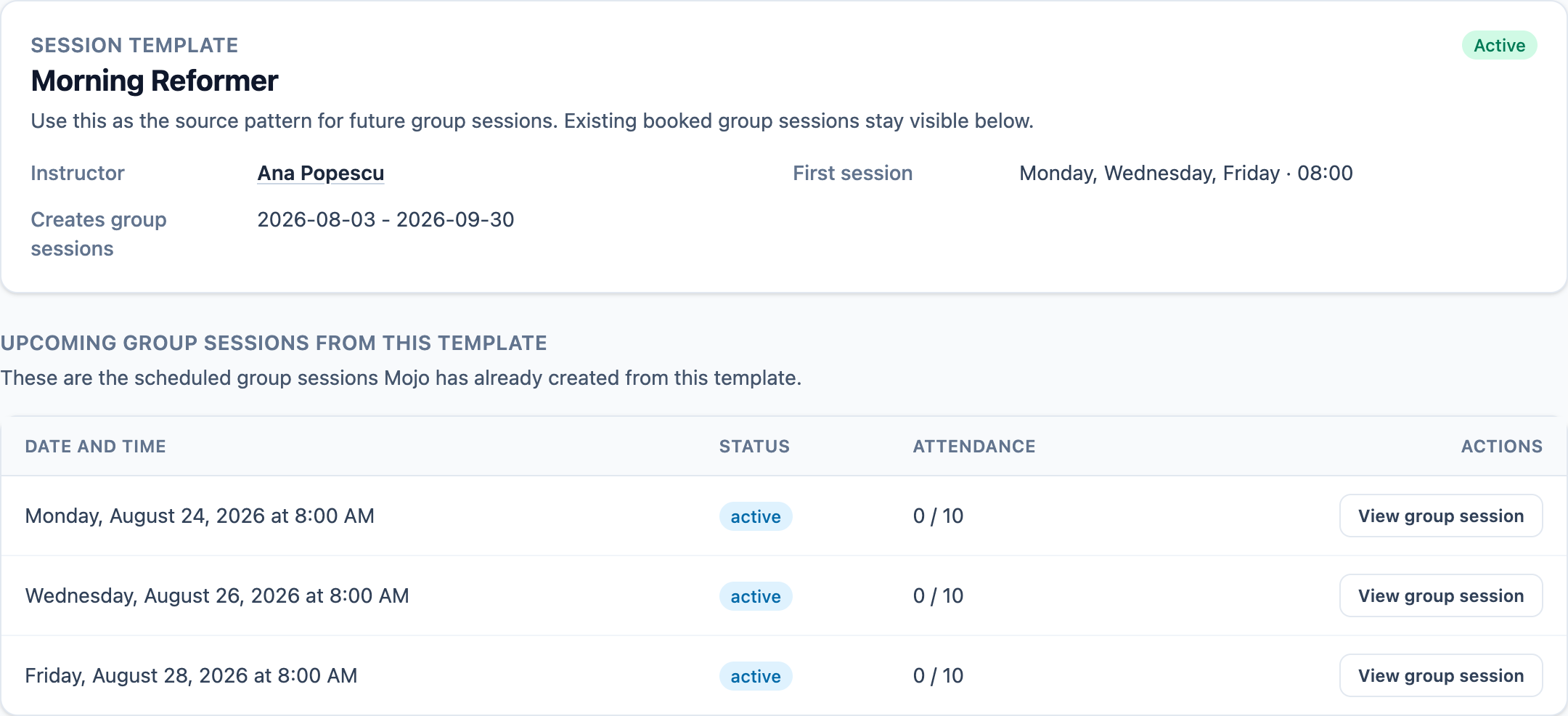 An active Mojo Morning Reformer template with instructor, weekly cadence, date window, and three generated classes