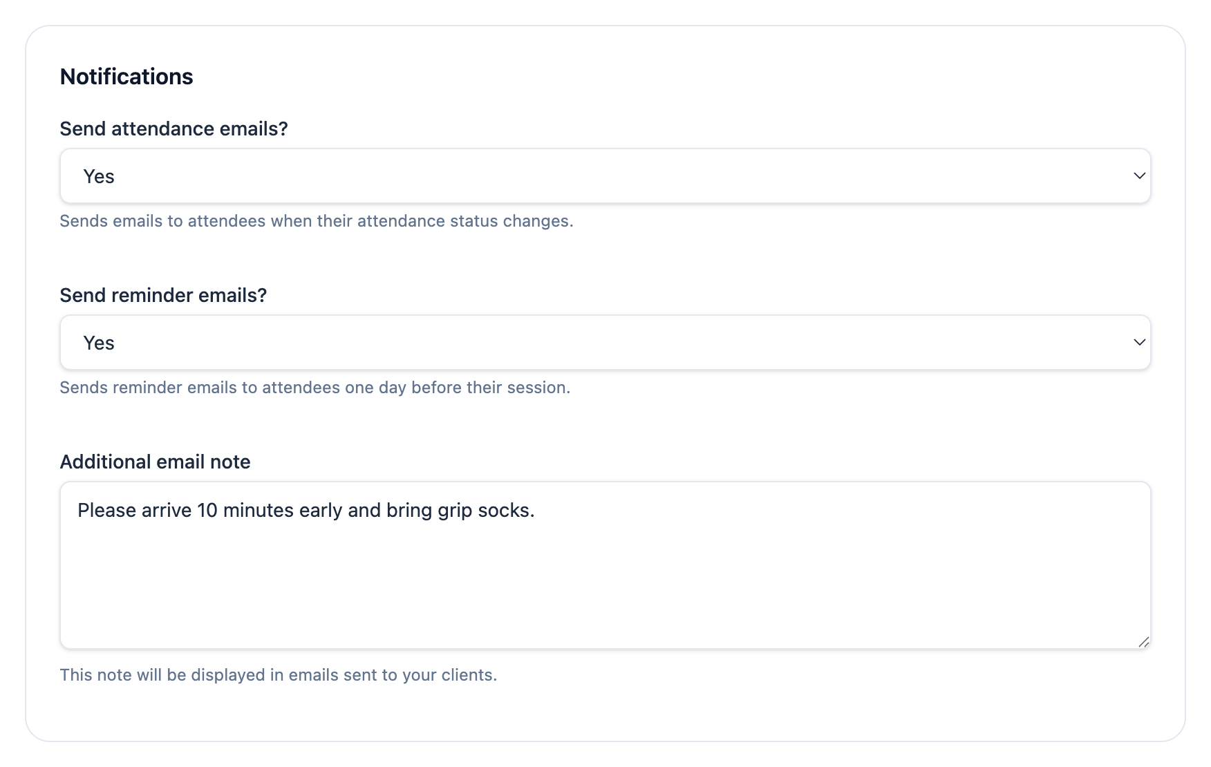 The Mojo notification settings with reminder emails enabled and an additional studio note