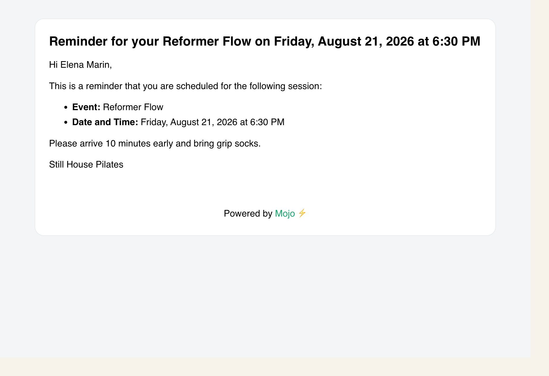 A real Mojo reminder email for a confirmed Reformer Flow booking with session details and the studio note
