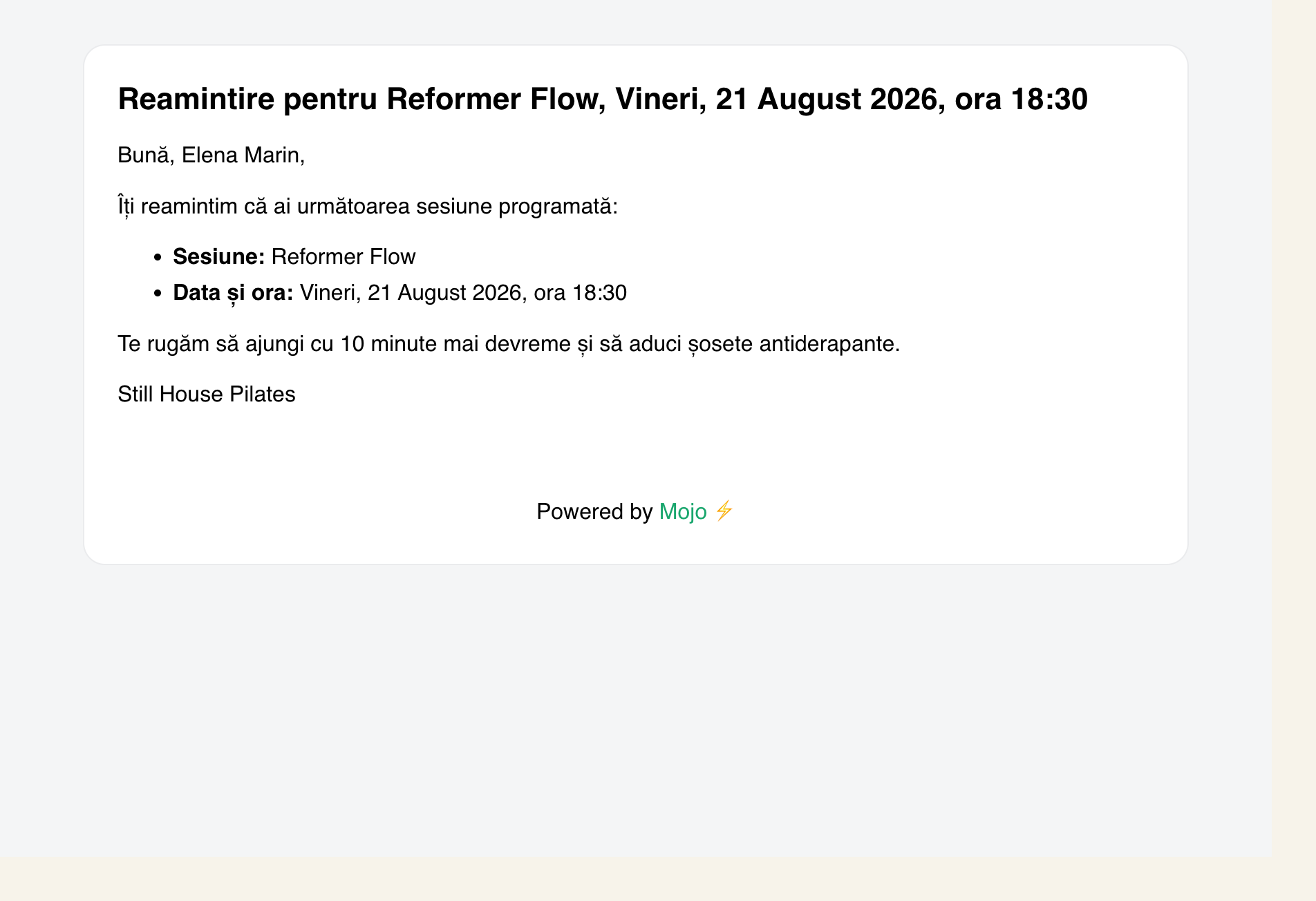 Un email real de reamintire Mojo pentru o rezervare confirmată la Reformer Flow, cu detaliile sesiunii și nota studioului