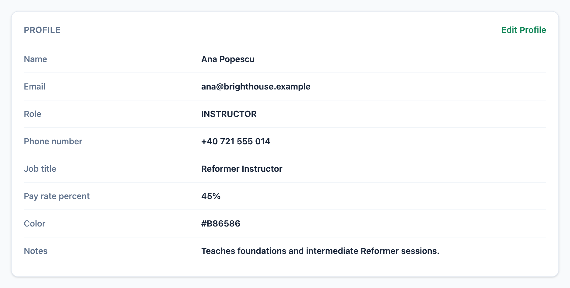 A real Mojo instructor profile with contact details, role, job title, pay-rate percentage, color, and notes