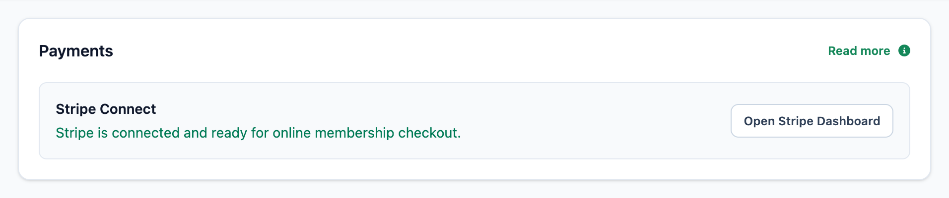 The Mojo Payments integration panel showing Stripe Connect ready for online membership checkout