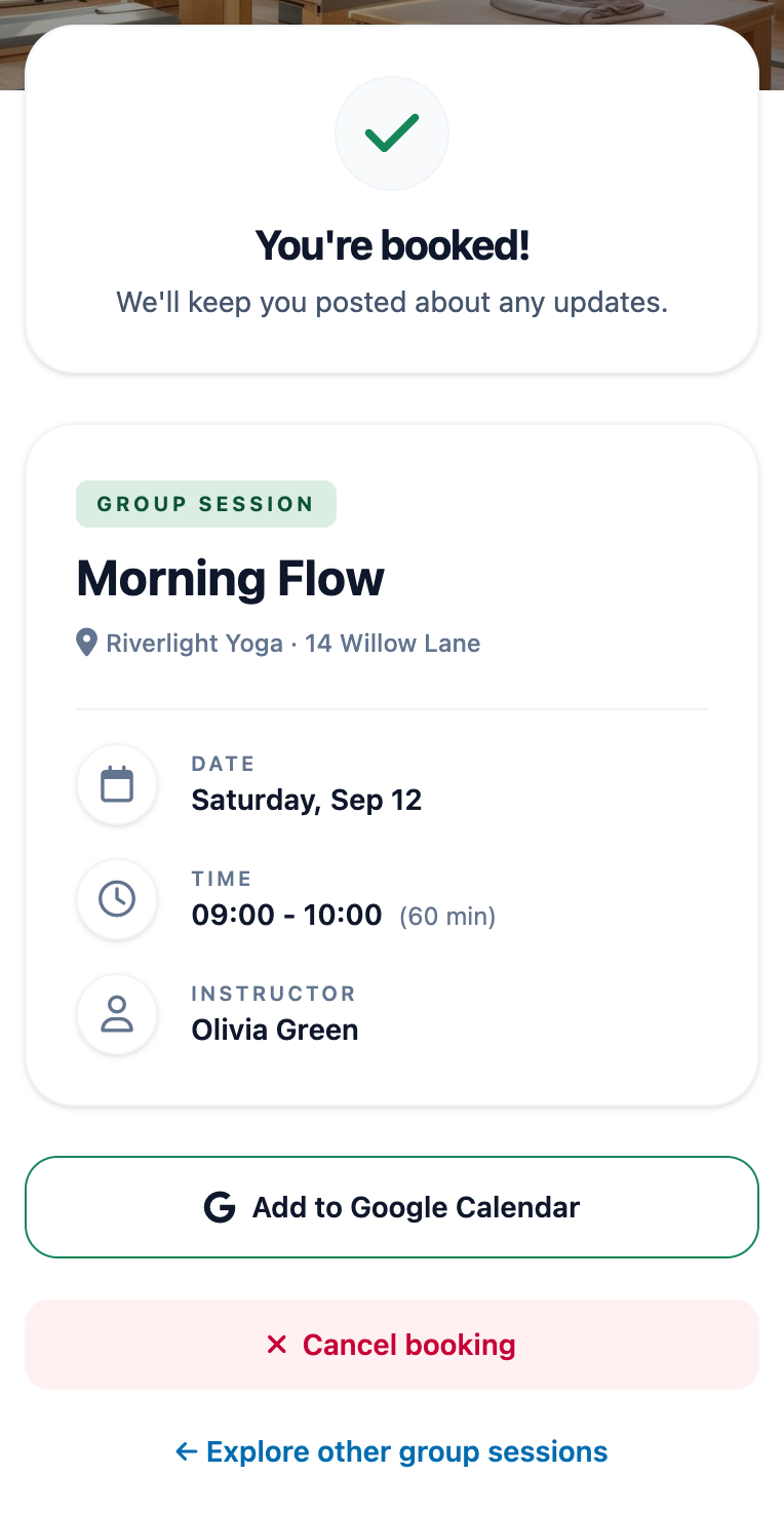 A confirmed Morning Flow reservation on the Riverlight Yoga mobile booking page