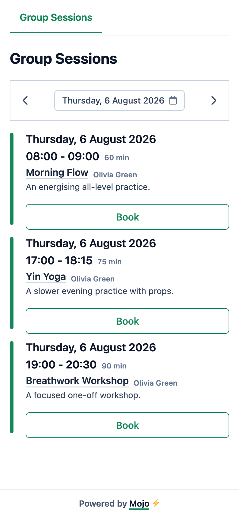 A mobile Mojo booking page with Morning Flow, Yin Yoga, and Breathwork Workshop sessions